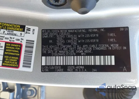 2020 Toyota Highlander Xle from USA, damaged, VIN 5TDGZRAH5LS513078